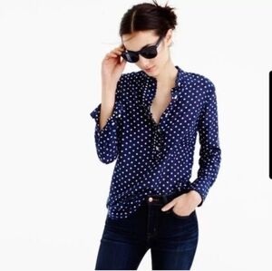 J. Crew Ruffled Polka Dot Popover Shirt Long Sleeve Blue Retro Pinup Size 6